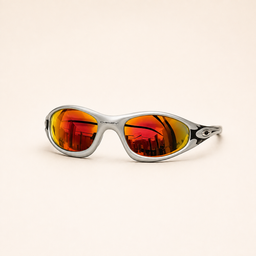 Front view of Oakley Minute Silver / Black Flames sunglasses with red-orange mirrored lenses.